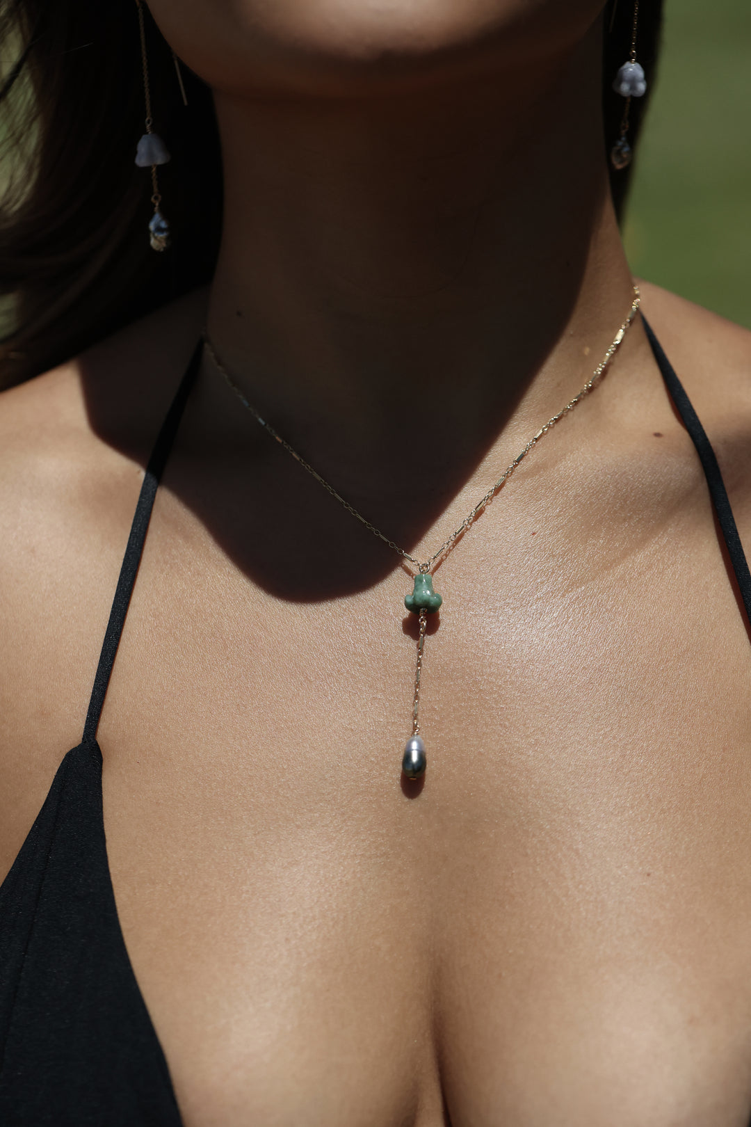 Pua Jade Keshi Y Drop Necklace (Green Puakenikeni)